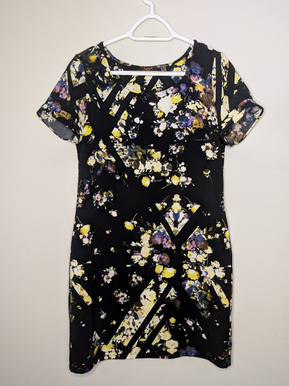 Dex Black Multicoloured Floral Geometric Print Shift Dress Short Sleeve Size M